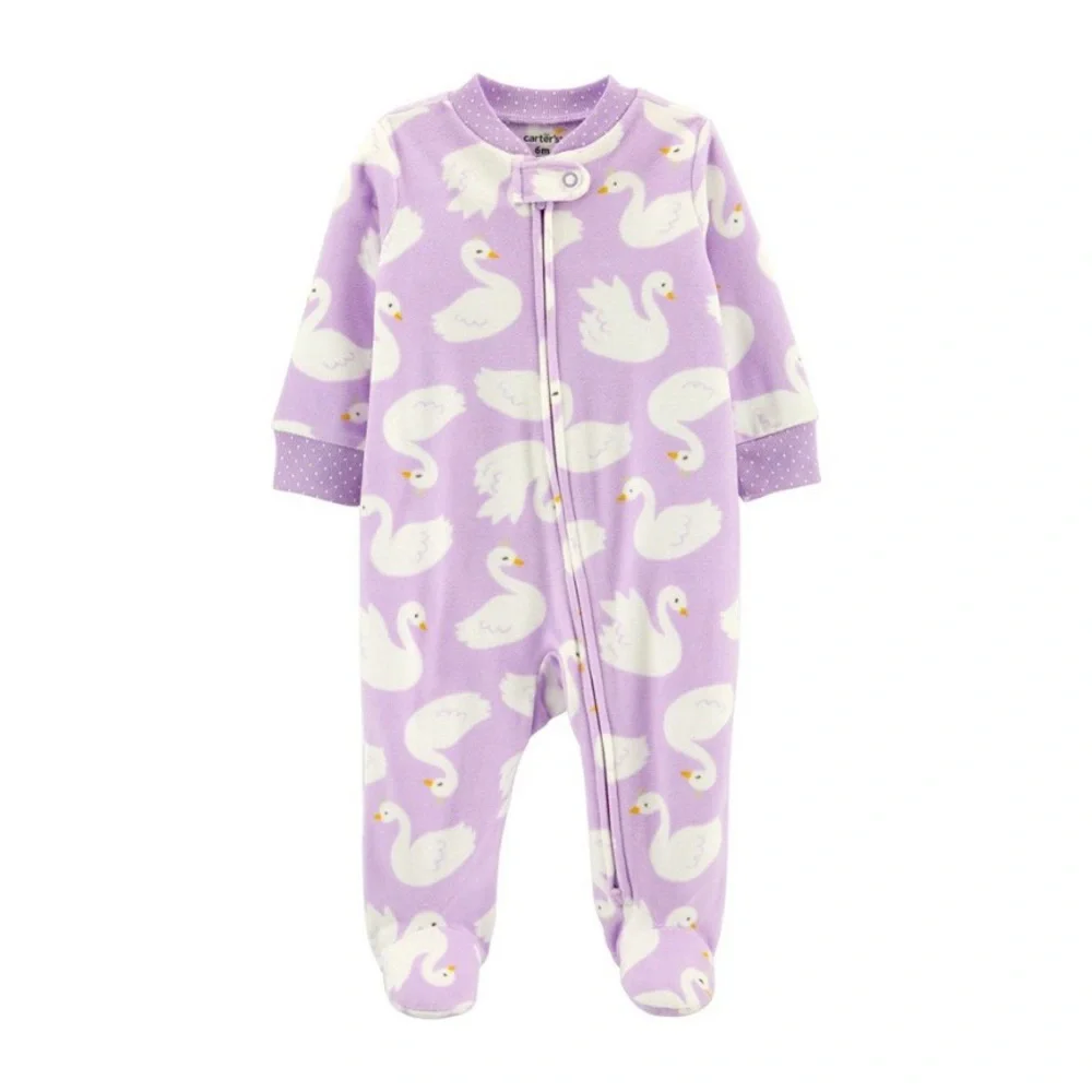 Carters Light Purple Swan Graphic Fleece Two-Way Zip Footie Pajamas 3M
